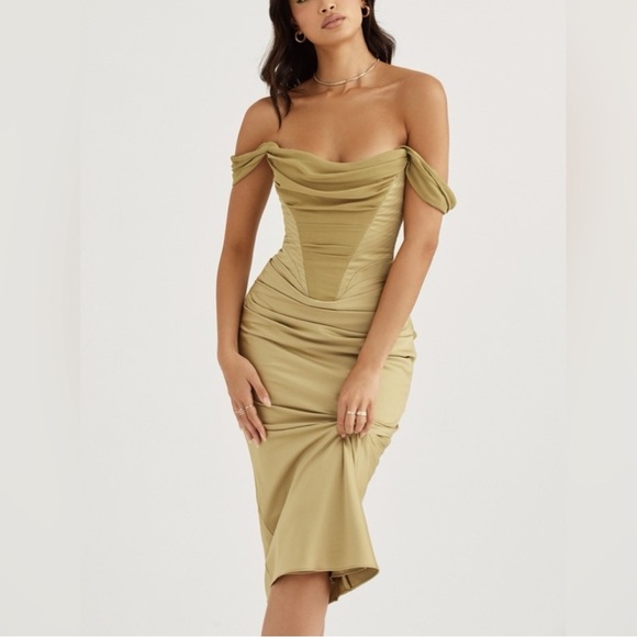 HOUSE OF CB Natalya Olive Green Satin Midi Dress S - Picture 1 of 10